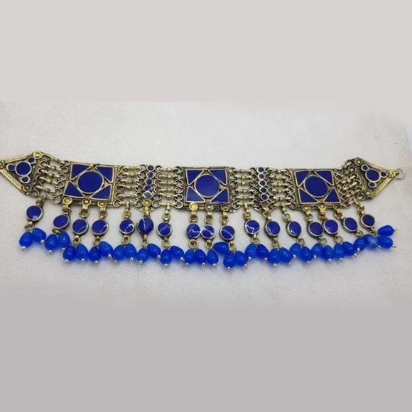 Blue Choker Necklace With Dangling Beads, Handmade Kuchi Necklace, Statement - Picture 1 of 6